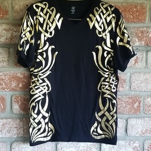 INC vneck gold and black tshirt